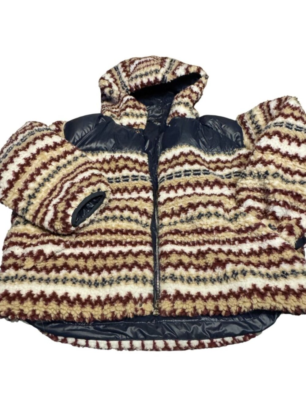 Rag & Bone Womens Faux Sherpa Duck Down Jacket With Striped Pattern & Nylon Pane